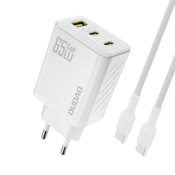 GaN sienas lādētājs ar USB-C kabeli 1m 65W - balts