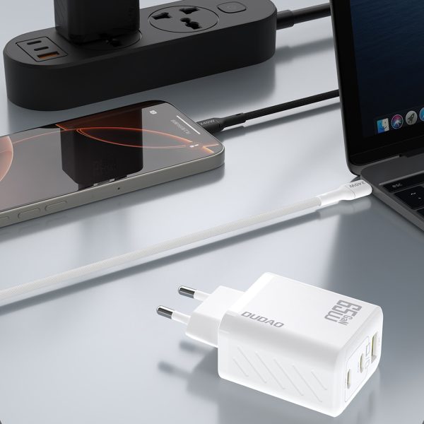 GaN sienas lādētājs ar USB-C kabeli 1m 65W - balts