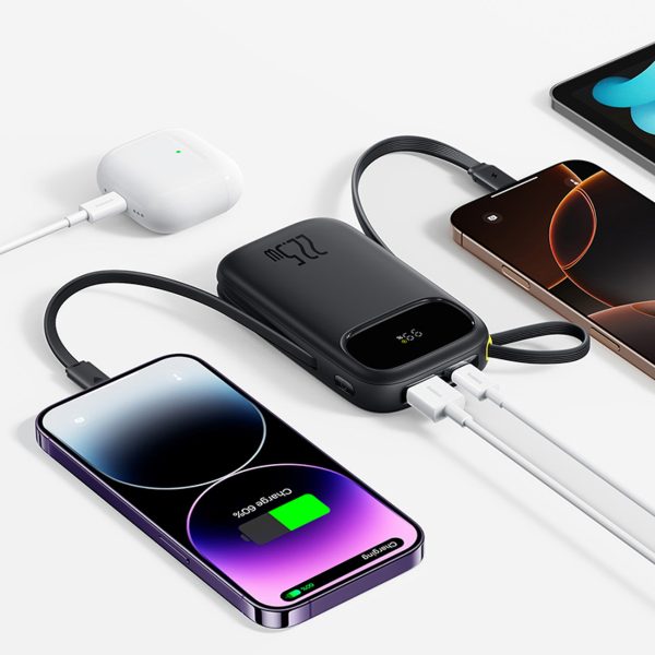 Powerbank 10000mAh 22.5W ar displeju USB-C iPhone Lightning kabeļi - melni