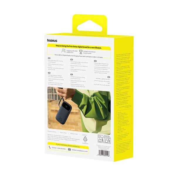 Powerbank 20000mAh 22.5W ar displeju USB-C iPhone Lightning kabeļi - melni