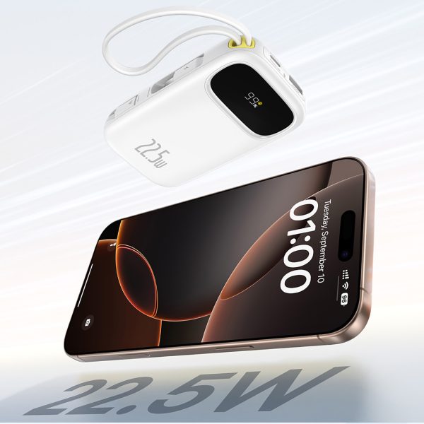 Powerbank 20000mAh 22.5W ar displeju USB-C iPhone Lightning kabeļi - balts