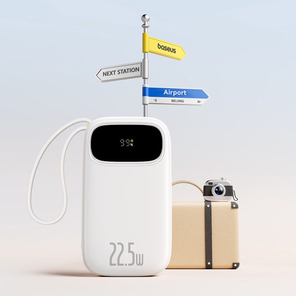 Powerbank 20000mAh 22.5W ar displeju USB-C iPhone Lightning kabeļi - balts