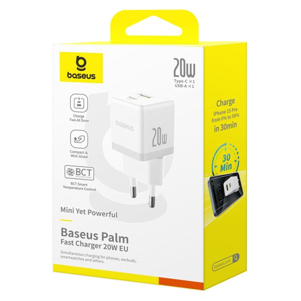 Palm 20W USB-C USB-A sienas lādētājs - balts