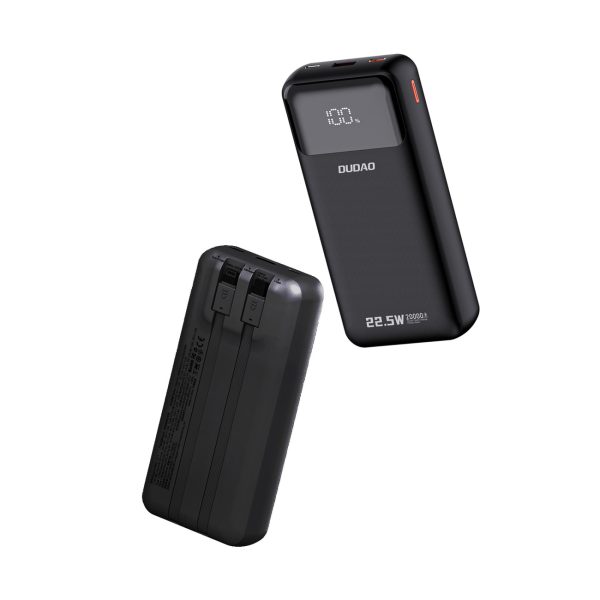 Powerbank 20000mAh 22.5W PD USB-C USB-A ar iebūvētiem iPhone Lightning USB-C kabeļiem - melns