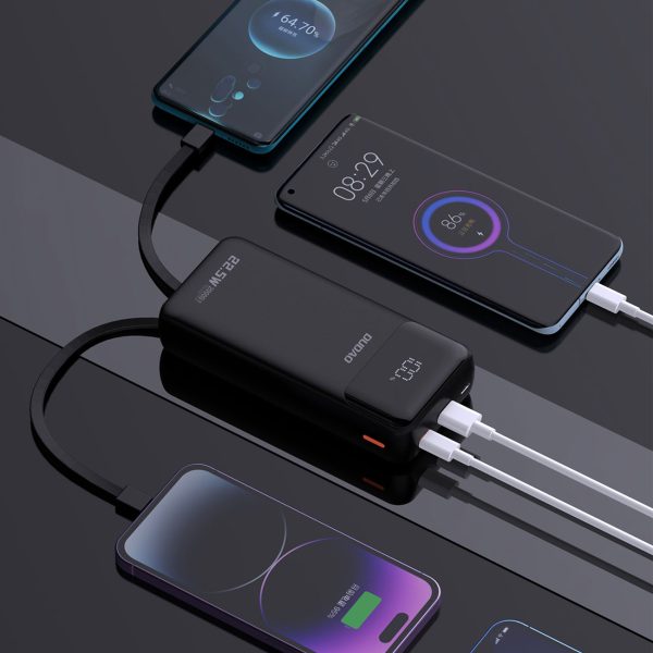 Powerbank 20000mAh 22.5W PD USB-C USB-A ar iebūvētiem iPhone Lightning USB-C kabeļiem - melns
