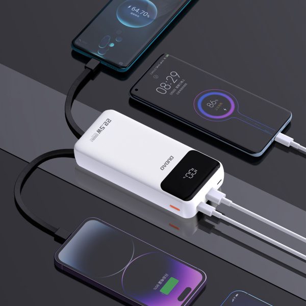 Powerbank 20000mAh 22.5W PD USB-C USB-A ar iebūvētiem iPhone Lightning USB-C kabeļiem - balts