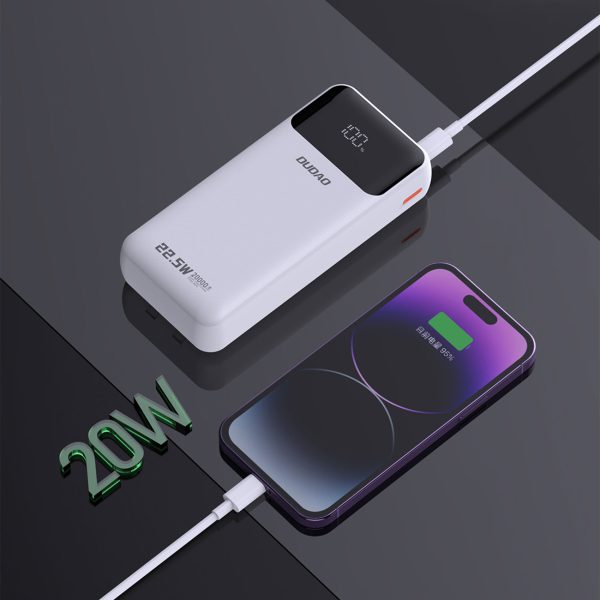 Powerbank 20000mAh 22.5W PD USB-C USB-A ar iebūvētiem iPhone Lightning USB-C kabeļiem - balts