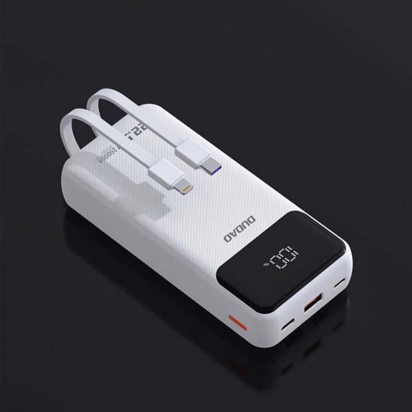 Powerbank 20000mAh 22.5W PD USB-C USB-A ar iebūvētiem iPhone Lightning USB-C kabeļiem - balts