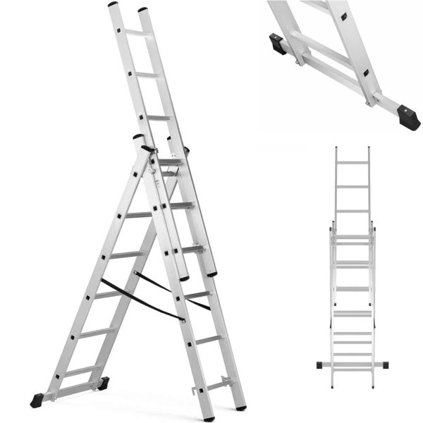 Alumīnija saliekamās kāpnes, 3 x 6 pakāpieni, augstums 321 cm, līdz 150 kg