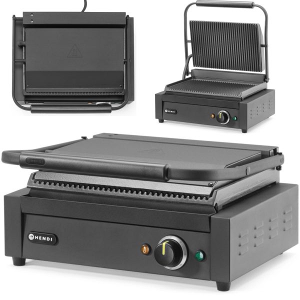263617-1-hendi-grill-elektryczny-kontaktowy-ryflowany-hurtownia-dropshipping.jpg Elektriskais kontaktgrils ar rievotu plāksni 340x235 mm 2200 W