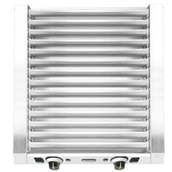 Rullveida grila sildītājs hotdogiem, divu zonu, 14 ruļļi, 45 cm, 1230 W