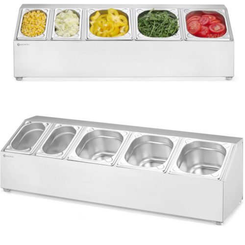 820049-1-hendi-stojak-ekspozytor-na-pojemniki-gn-hurtownia-dropshipping.jpg Tērauda displeja statīvs ēdināšanas konteineriem 3x GN 1/6 2x GN 1/9