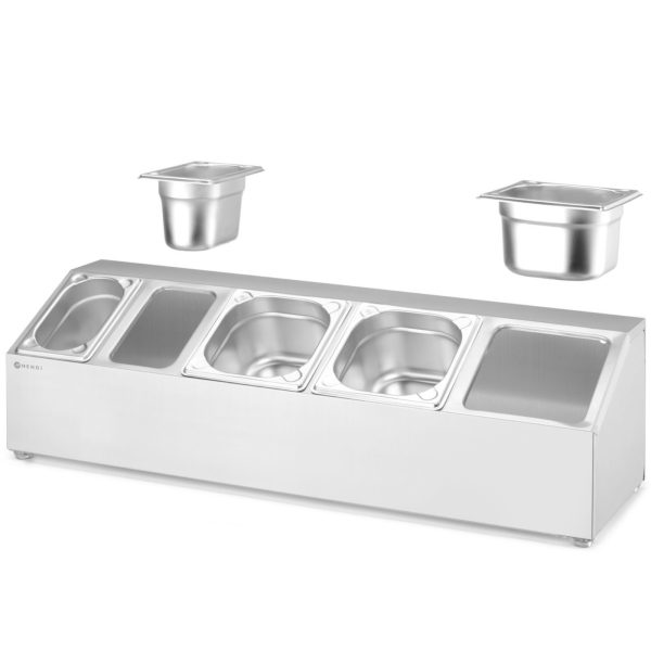 Tērauda displeja statīvs ēdināšanas konteineriem 3x GN 1/6 2x GN 1/9