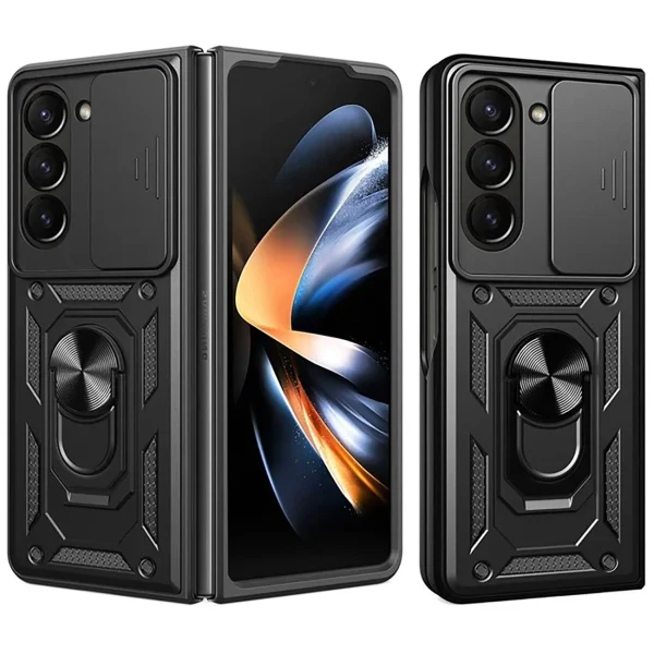 Bruņots maciņš ar statīvu un kameras pārsegu priekš Samsung Galaxy Z Fold 7 Hybrid Armor Camshield - melns
