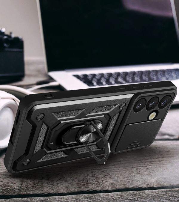1029072-5-pancerne-etui-z-podstawka-oslona-aparatu-na-motoro-hurtel-hurtownia-dropshipping-1.jpg Bruņots maciņš ar statīvu un kameras pārsegu Motorola Moto G05 4G / E15 4G Hybrid Armor Camshield - melns