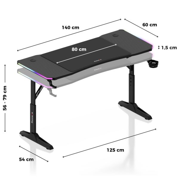 Spēļu galds spēlētājiem LED RGB HERO 3.6 ar regulējamu augstumu 140x60cm - melns
