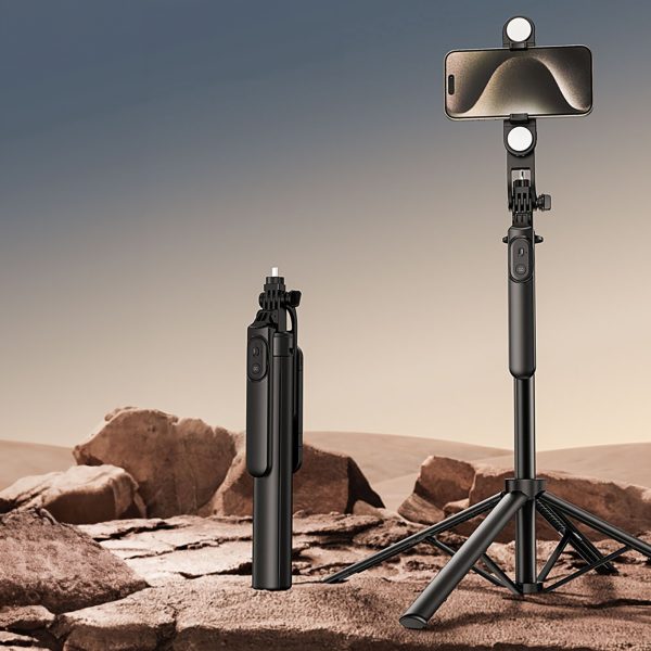 Teleskopisks foto statīvs ar selfiju nūju un dubultu lampu, tālruņa turētāju un 1,75 m