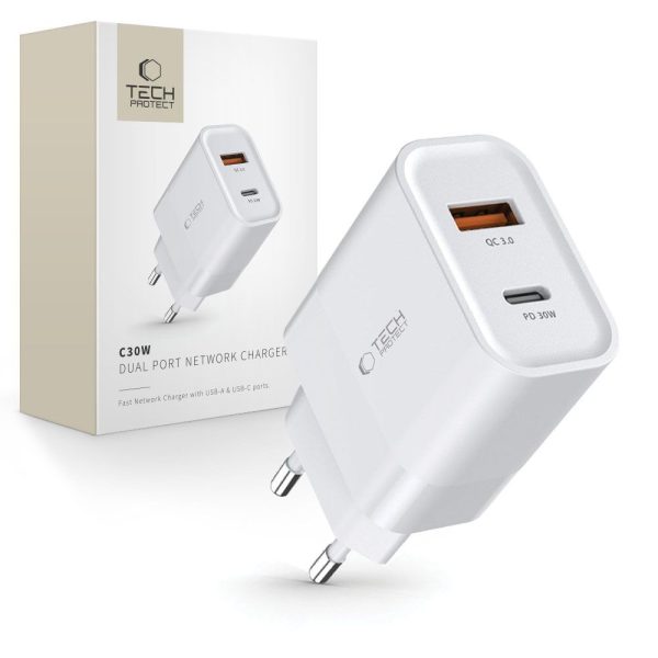 C30W USB-C USB-A 30W sienas lādētājs - balts