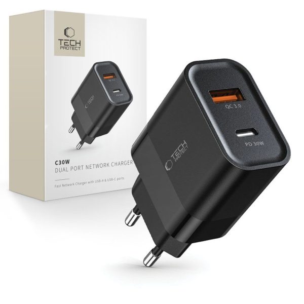 C30W USB-C USB-A 30W sienas lādētājs - melns