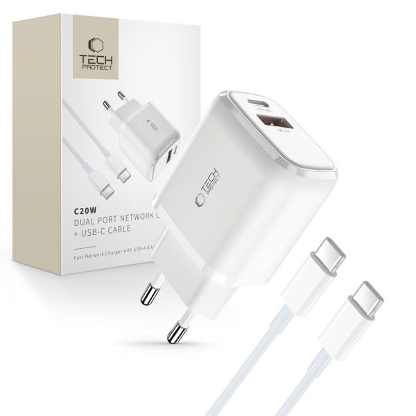 C20W USB-C USB-A 20W sienas lādētājs ar USB-C kabeli - balts