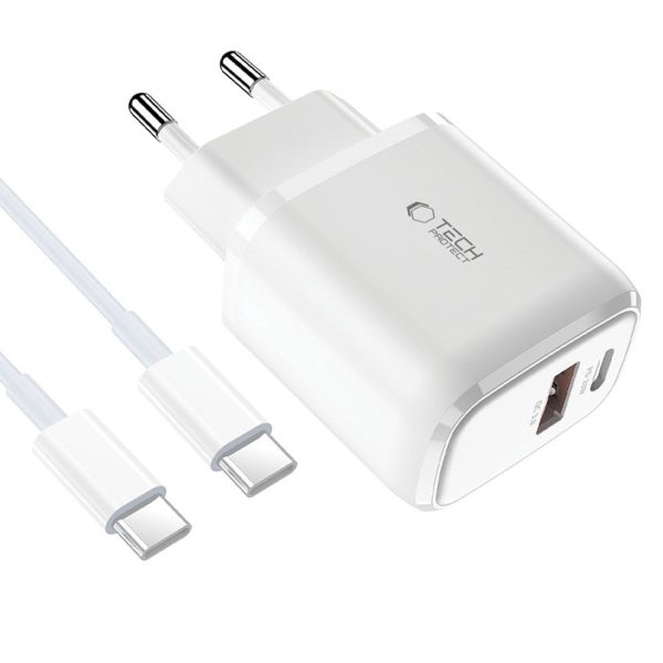 C20W USB-C USB-A 20W sienas lādētājs ar USB-C kabeli - balts