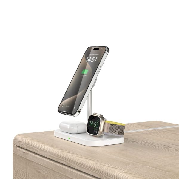 3-in-1 bezvadu lādētājs ar viedtālruņa statīvu Apple Watch AirPods MagSafe - balts