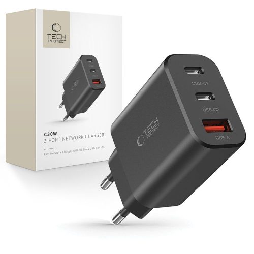 NC30W 2x USB-C USB-A 30W sienas lādētājs - melns