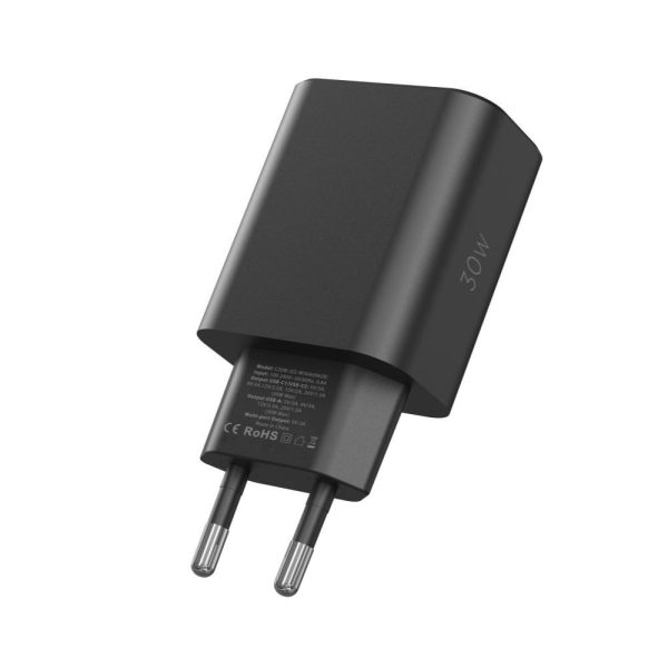 NC30W 2x USB-C USB-A 30W sienas lādētājs - melns