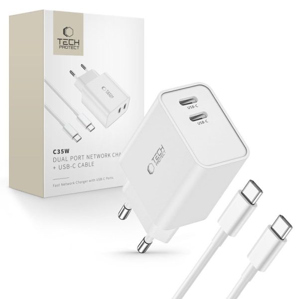 C35W 2x USB-C sienas lādētājs ar 35W USB-C kabeli - balts