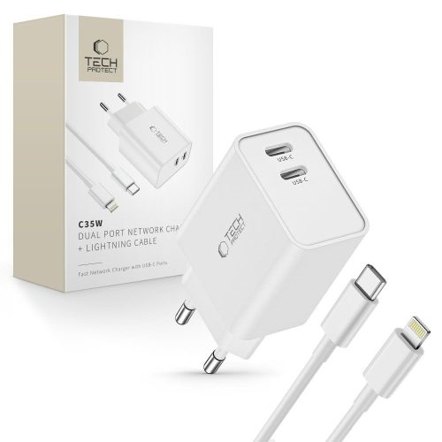 C35W 2x USB-C sienas lādētājs ar USB-C kabeli - iPhone Lightning - balts