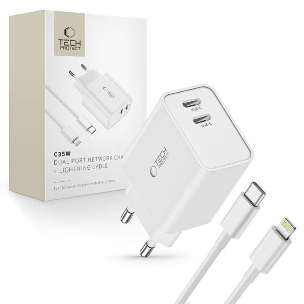 C35W 2x USB-C sienas lādētājs ar USB-C kabeli - iPhone Lightning - balts