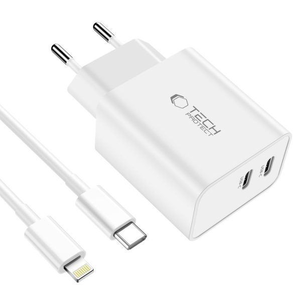 C35W 2x USB-C sienas lādētājs ar USB-C kabeli - iPhone Lightning - balts