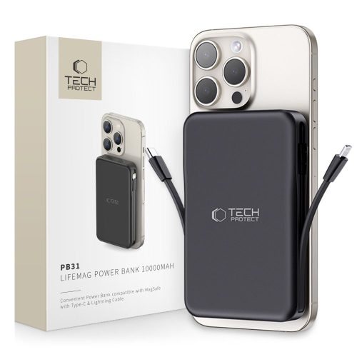 PB31 10000mAh 15W MagSafe magnētiskais Power Bank ar USB-C iPhone Lightning kabeļiem - melns