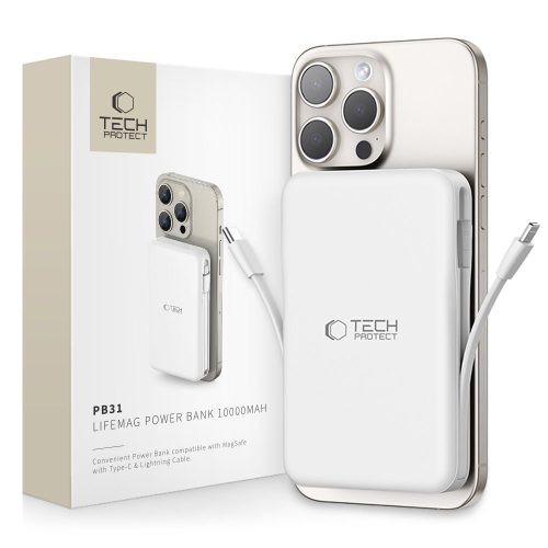 PB31 10000mAh 15W MagSafe magnētiskais Power Bank ar USB-C iPhone Lightning kabeļiem - balts
