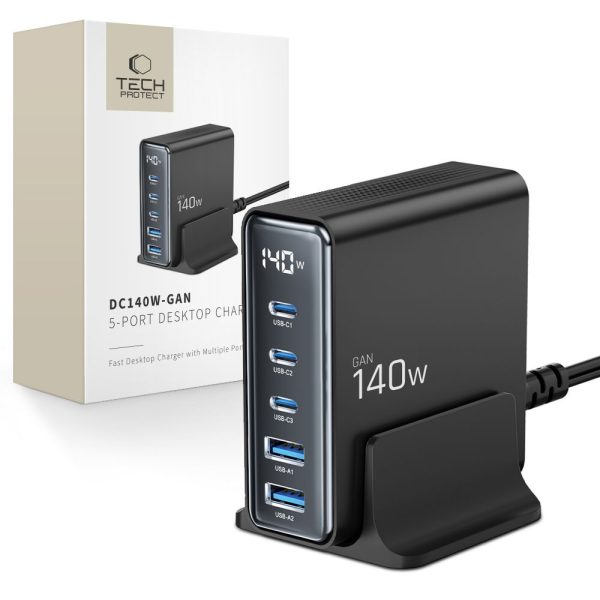 Uzlādes stacija ierīcēm ar displeju 3x USB-C 2x USB-A GaN 140W - melna