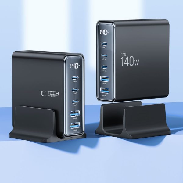 Uzlādes stacija ierīcēm ar displeju 3x USB-C 2x USB-A GaN 140W - melna