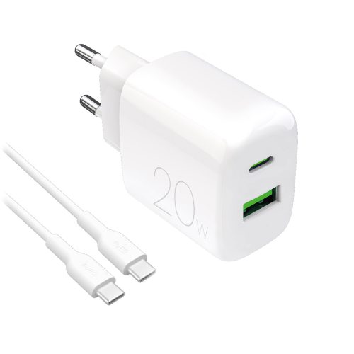 1031147-1-ladowarka-sieciowa-usb-a-usb-c-20w-usb-c-1-2m-puro-hurtownia-dropshipping-1.jpg USB-A USB-C 20W sienas lādētājs ar 1,2 m USB-C kabeli - balts