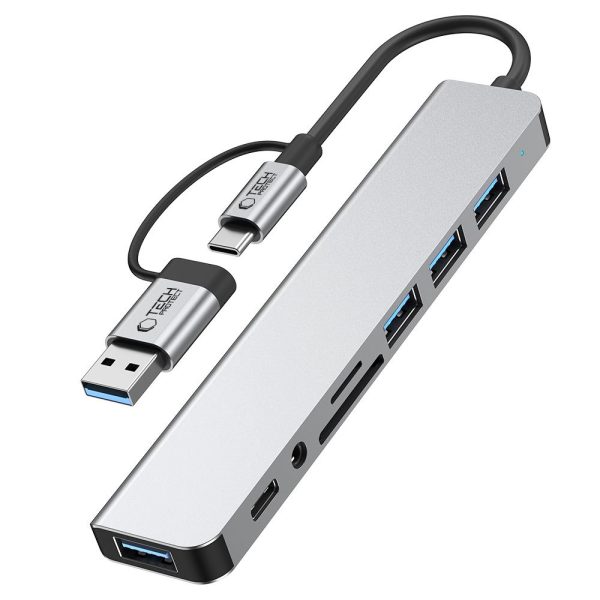 1031148-5-hub-rozdzielacz-wielofunkcyjny-8w1-usb-c-usb-a-sd-tech-protect-hurtownia-dropshipping-1.jpg Daudzfunkcionāls sadalītājs 8in1 USB-C USB-A SD/TF AV3.5 - pelēks