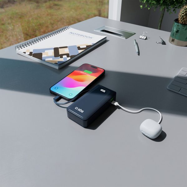 Powerbank 10000mAh USB-A USB-C ar iebūvētu displeju un 20W USB-C kabeli - tumši pelēks