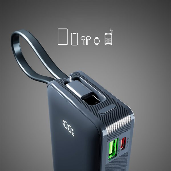 Powerbank 10000mAh USB-A USB-C ar iebūvētu displeju un 20W USB-C kabeli - tumši pelēks