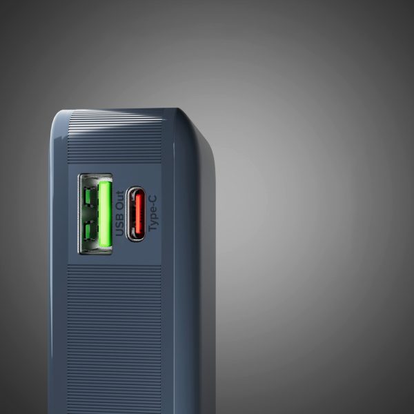 Powerbank 10000mAh USB-A USB-C ar iebūvētu displeju un 20W USB-C kabeli - tumši pelēks