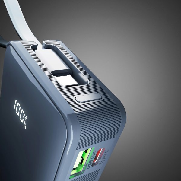 Powerbank 10000mAh USB-A USB-C ar iebūvētu displeju un 20W USB-C kabeli - tumši pelēks