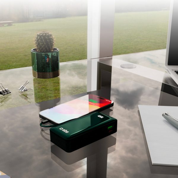 Powerbank 10000mAh USB-A USB-C ar iebūvētu displeju un 20W USB-C kabeli - zaļš