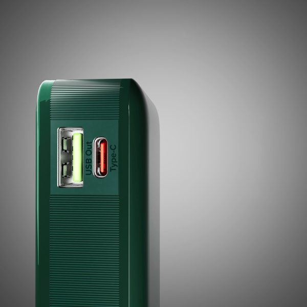 Powerbank 10000mAh USB-A USB-C ar iebūvētu displeju un 20W USB-C kabeli - zaļš