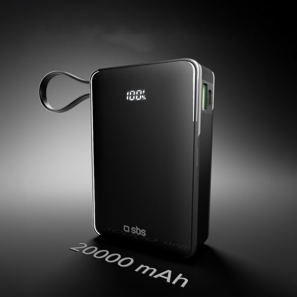 Powerbank 20000mAh USB-A USB-C ar iebūvētu displeju un 20W USB-C kabeli - melns