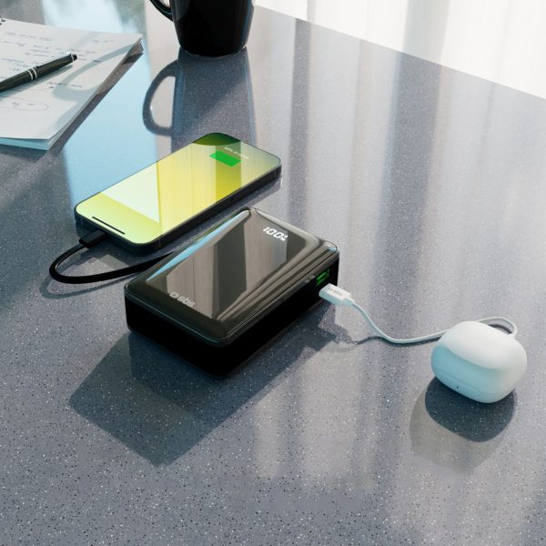 Powerbank 20000mAh USB-A USB-C ar iebūvētu displeju un 20W USB-C kabeli - melns