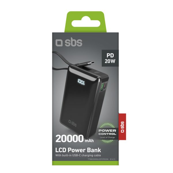 Powerbank 20000mAh USB-A USB-C ar iebūvētu displeju un 20W USB-C kabeli - melns