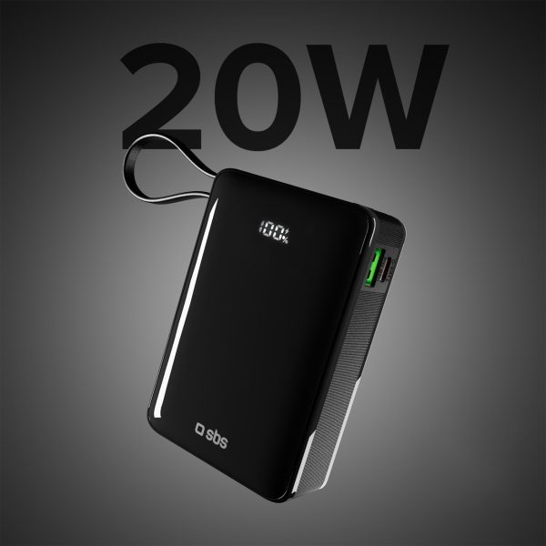 Powerbank 20000mAh USB-A USB-C ar iebūvētu displeju un 20W USB-C kabeli - melns