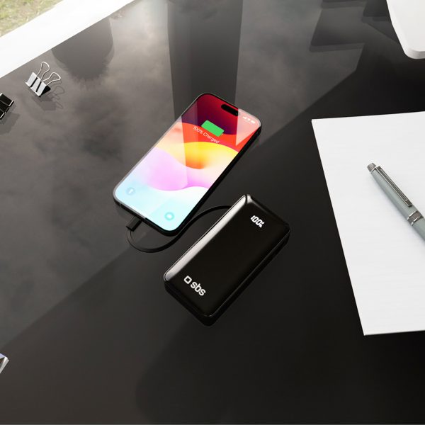 Powerbank 10000mAh USB-A USB-C ar iebūvētu displeju un 20W USB-C kabeli - melns