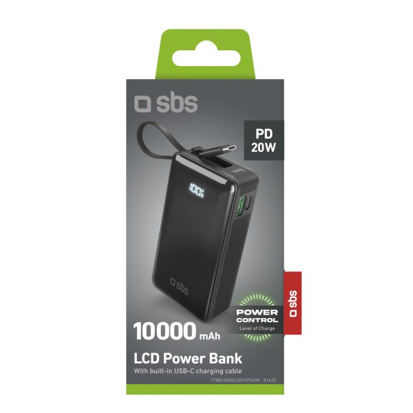 Powerbank 10000mAh USB-A USB-C ar iebūvētu displeju un 20W USB-C kabeli - melns